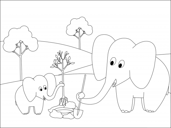 Elephants planting a tree coloring page image