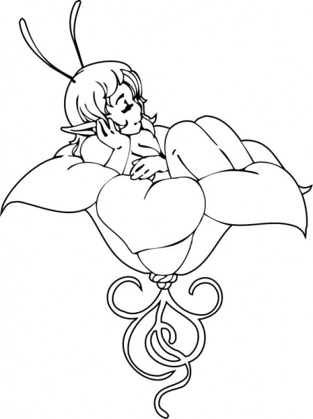 Elf Girl on the Petals of a Flower coloring page image