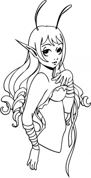 Elf Girl with Long Hair coloring page image