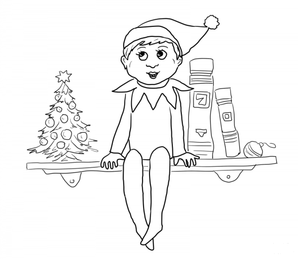Elf Sits on Shelf coloring page image