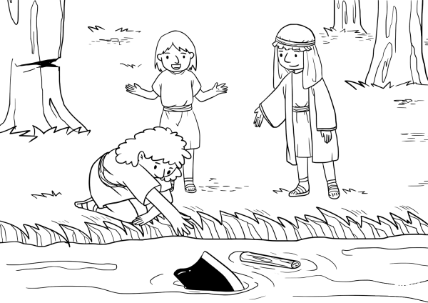 Elisha Cut a Stick and Threw It to the Jordan and Made the Iron Float coloring page image
