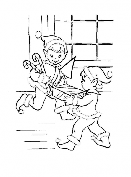 Elves with Christmas presents coloring page image