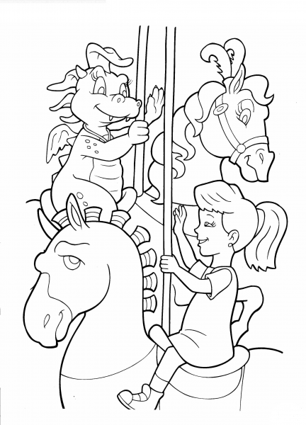 Emmy, dragon and carousel coloring page image
