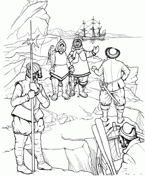Eskimo Meets First Explorers of North America coloring page image