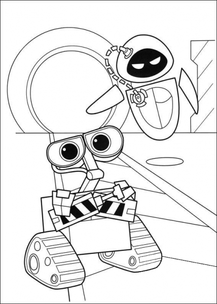 Eva and Wall-E coloring page image