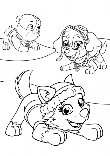 Everest Plays with Skye and Rubble coloring page image