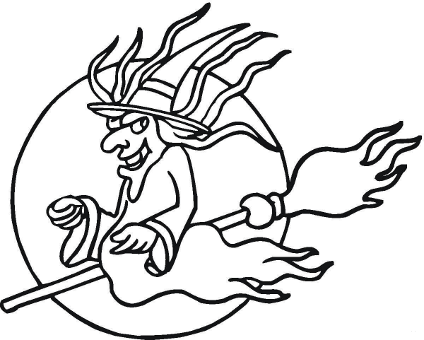 Evil Woman Flying On Broom  coloring page image