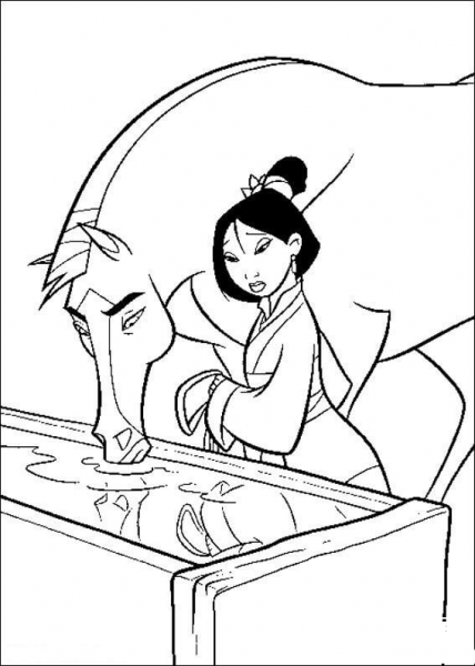 Fa Mulan Gives The Horse Water  coloring page image