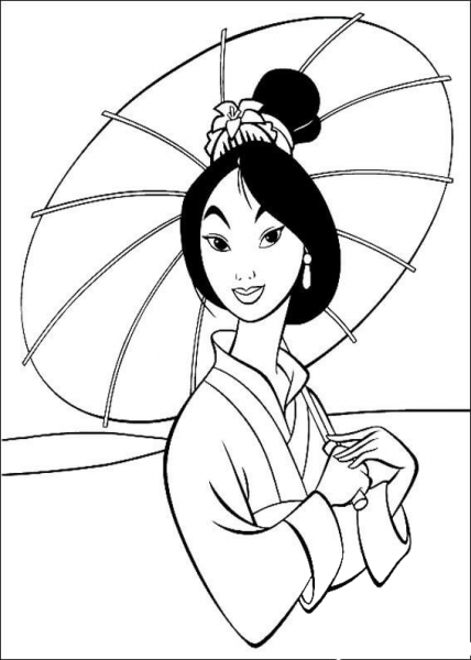 Fa Mulan Holds An Umbrella  coloring page image