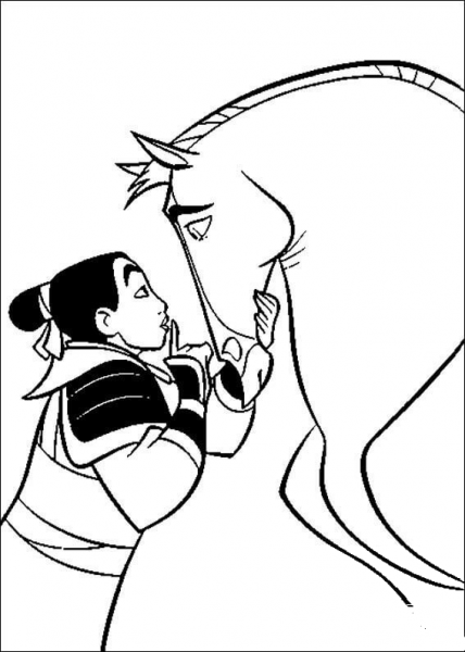 Fa Mulan Is Talking With Her Horse  coloring page image