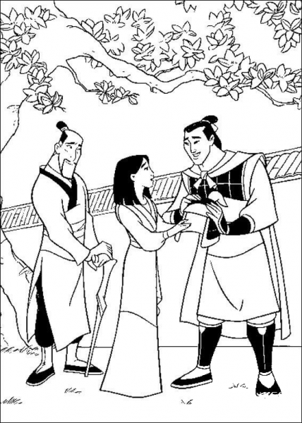Fa Mulan With Fa Zhou And Li Shang coloring page image