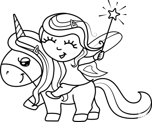 Fairy and Unicorn coloring page image