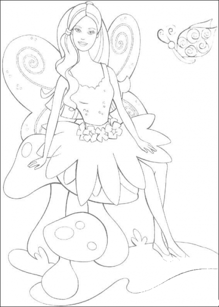 Fairy Barbie is Sitting on a mushroom coloring page image