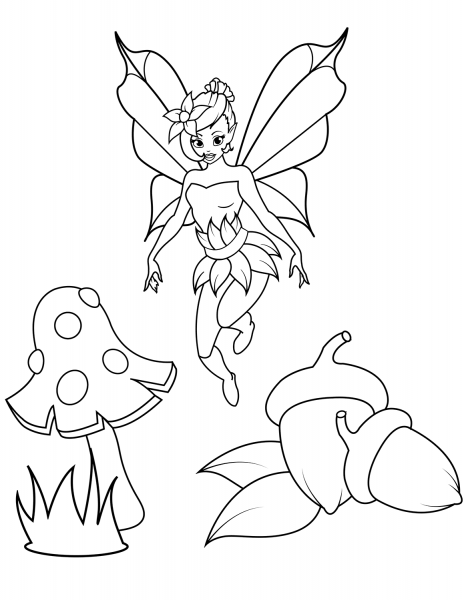 Fairy Flies over Acorns and Fly Agaric coloring page image