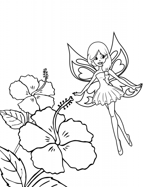 Fairy Flies over Hibiscus coloring page image