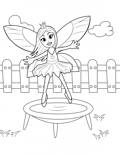 Fairy Jumping on Trampoline coloring page image