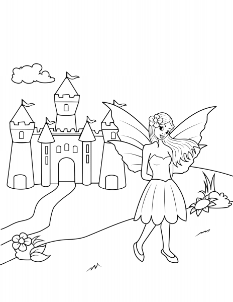 Fairy near Castle coloring page image