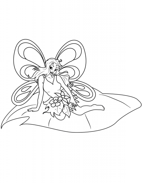Fairy Sitiing on Leaf coloring page image