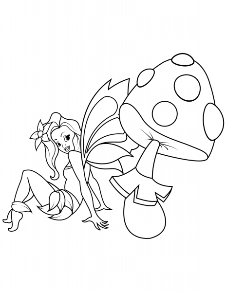 Fairy Sits near Fly Agaric coloring page image