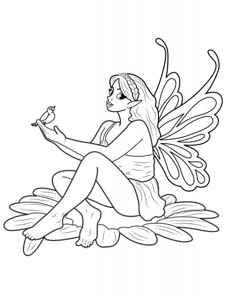 Fairy Speaking to Little Bird coloring page image