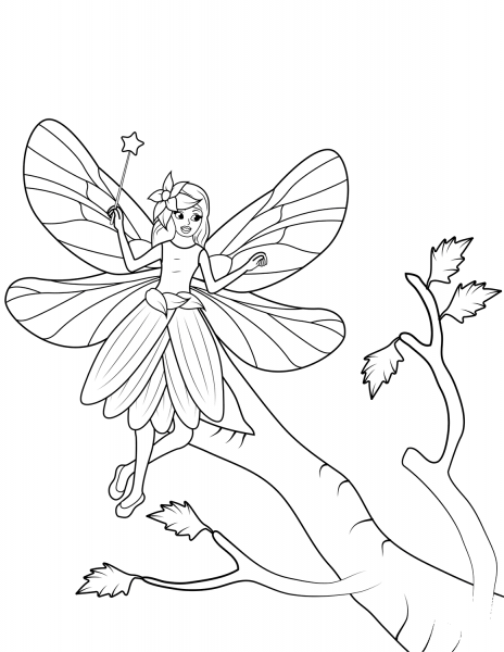 Fairy with Wand Flies over a Tree coloring page image