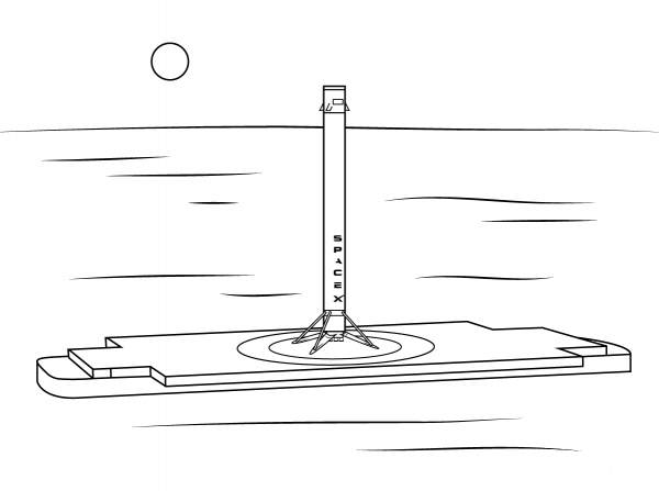 Falcon 9 Rocket on Ocean Landing Platform coloring page image