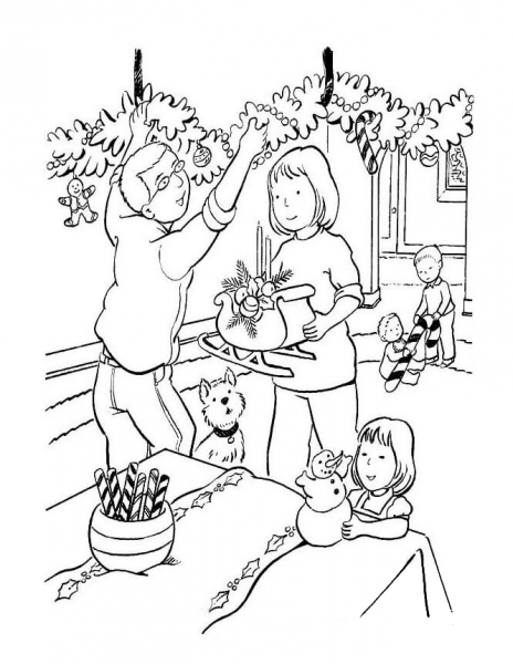 Family Decorates House  coloring page image