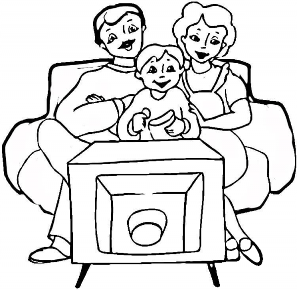 Family in Front of tv  coloring page image