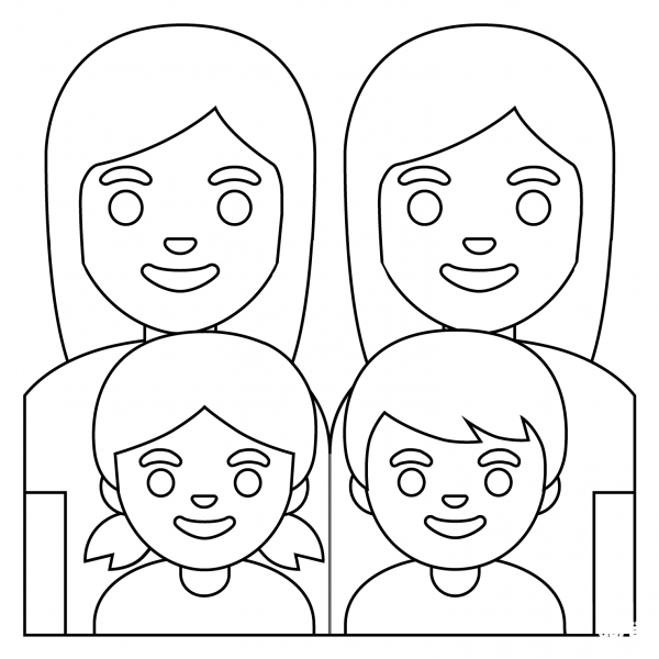 Family Two Women with Girl and Boy Emoji coloring page image
