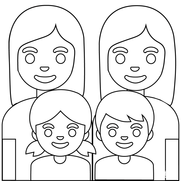 Family Two Women with Girl and Boy Emoji coloring page image