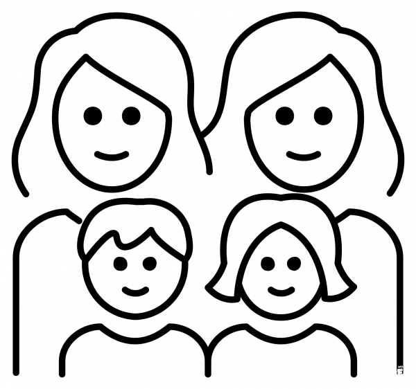 Family Two Women with Girl and Boy Emoji coloring page image