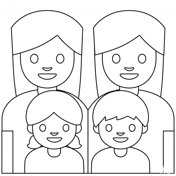 Family Two Women with Girl and Boy Emoji coloring page image