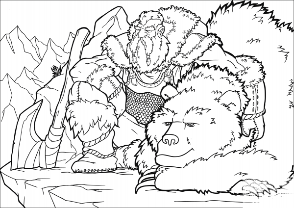 Fantasy Dwarf with Bear coloring page image