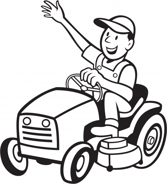 Farmer Riding a Tractor Mower coloring page image