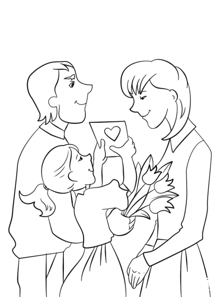 Father and Daughter Presenting Mother Flowers and Card for Mother’s Day coloring page image