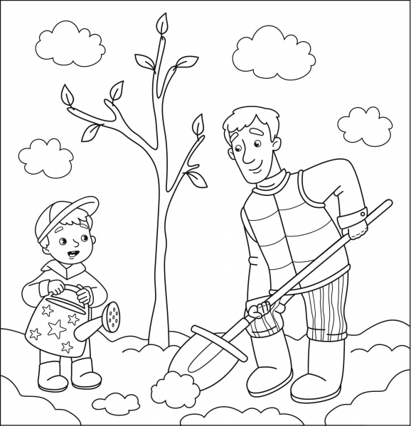 Father and Little Boy Planting Tree coloring page image