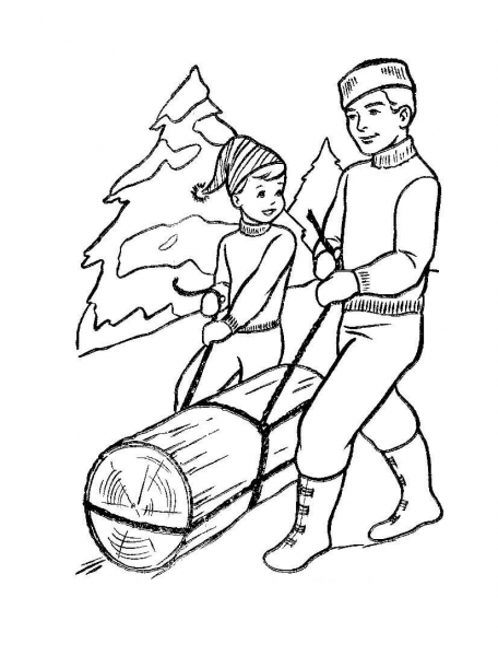 Father and son are bringing beam  coloring page image