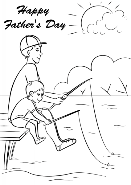 Father and Son Fishing Together coloring page image
