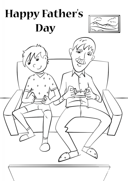Father and Son Playing Video Games coloring page image