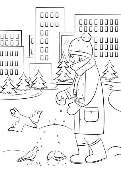Feeding Birds in Winter coloring page image