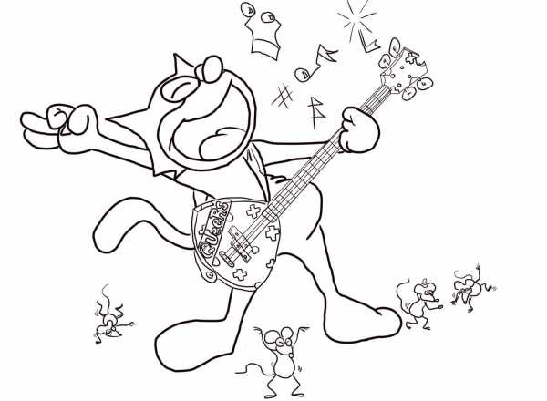 Felix the Cat Playing Guitar coloring page image