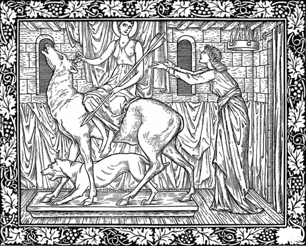 Female Holding a Large Arrow and Riding a Hind Sidesaddle coloring page image
