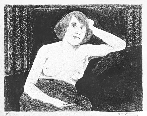 Female Nude Seated on a Sofa Hand to Head coloring page image