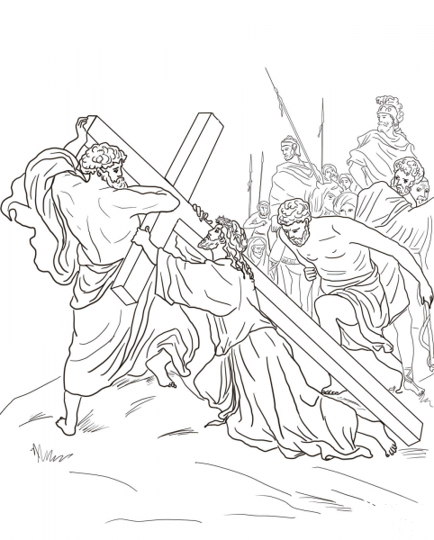 Fifth Station – Jesus is Helped to Carry His Cross coloring page image