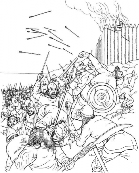 Fight In A Burning Village  coloring page image
