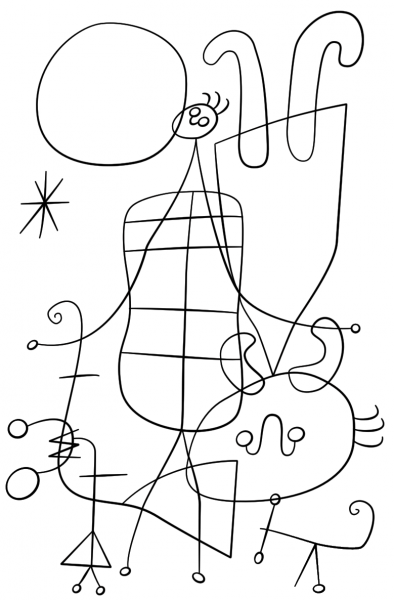 Figures and Dog in Front of the Sun by Joan Miro coloring page image