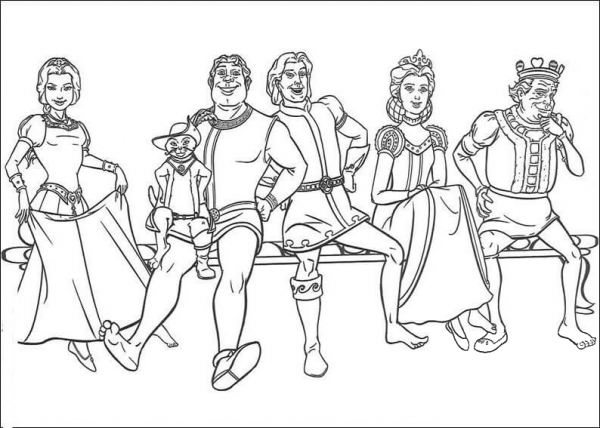 Fiona, Puss in Boots, Shrek, Prince, Queen and King coloring page image