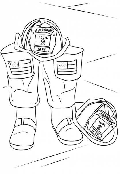 Firefighter Helmet and Boots coloring page image