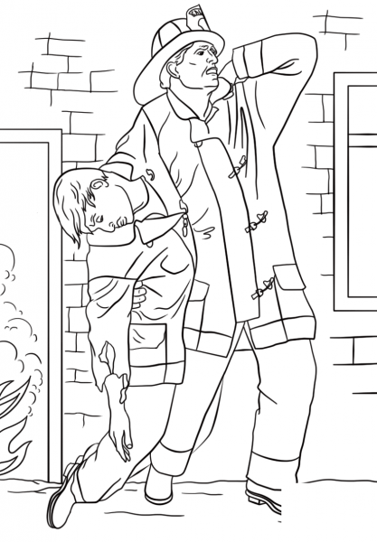 Firefighter Rescues Man from House Fire coloring page image