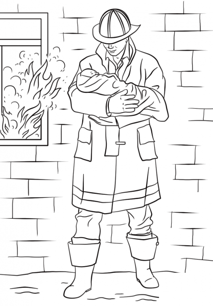Firefighter Saves Baby from Fire coloring page image